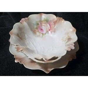 R S Prussia Red Mark 6.5" Bowl with 7.5" Underplate - Roses